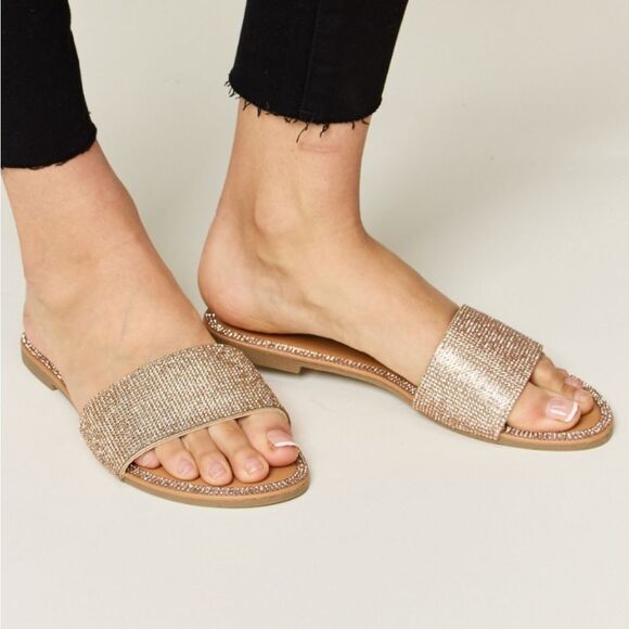💲2️⃣0️⃣ Bundled ✔️Rose Gold Rhinestone Wide Strap Open Toe Flat Sandals - Picture 7 of 7